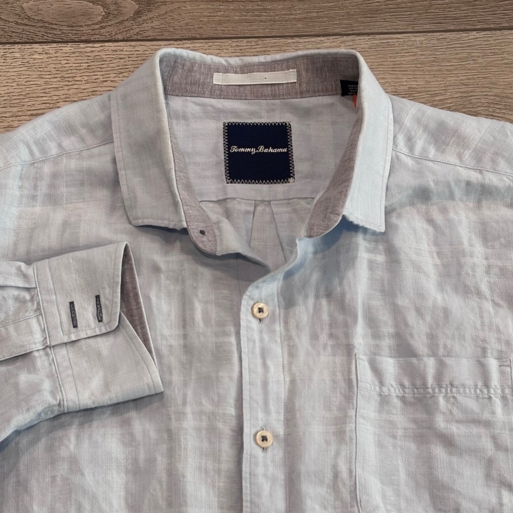 Tommy Bahama Button Down Shirt Mens XL Blue Linen Blend Casual Preppy Summer